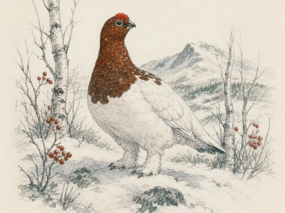 Sketch of a male willow ptarmigan in spring plumage standing in snow among birch and red berries.