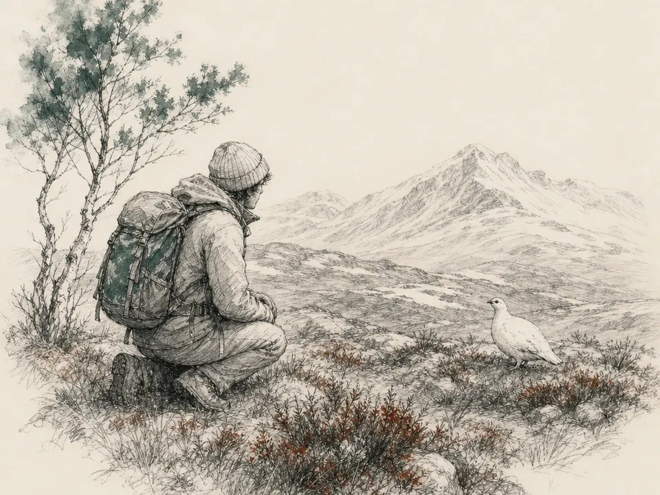 A hiker watching a wild ptarmigan on a Norwegian mountain
