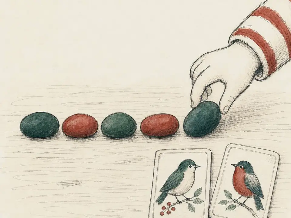 A child places the fifth pebble next to two cards
