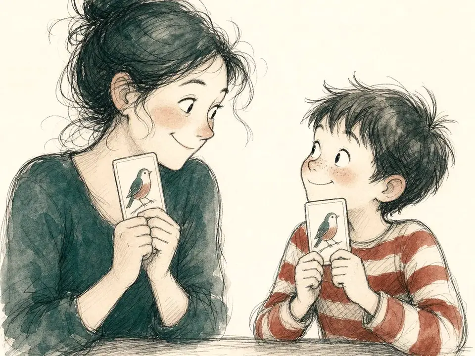 A mother and son each hold one card, ready to play