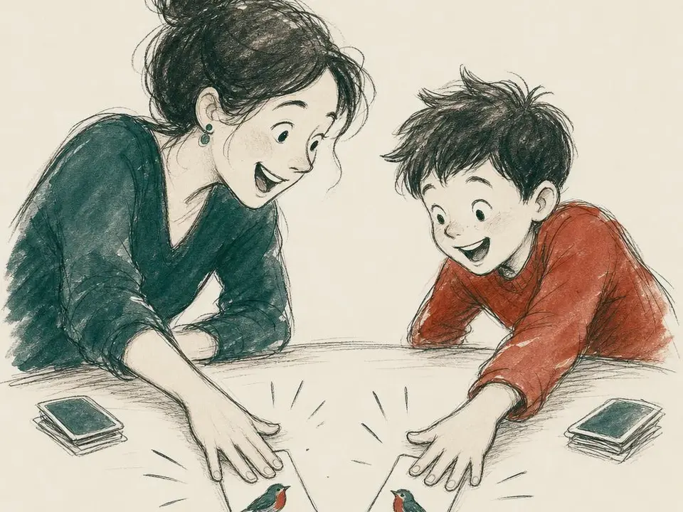 Mother and son put their cards down at the same moment