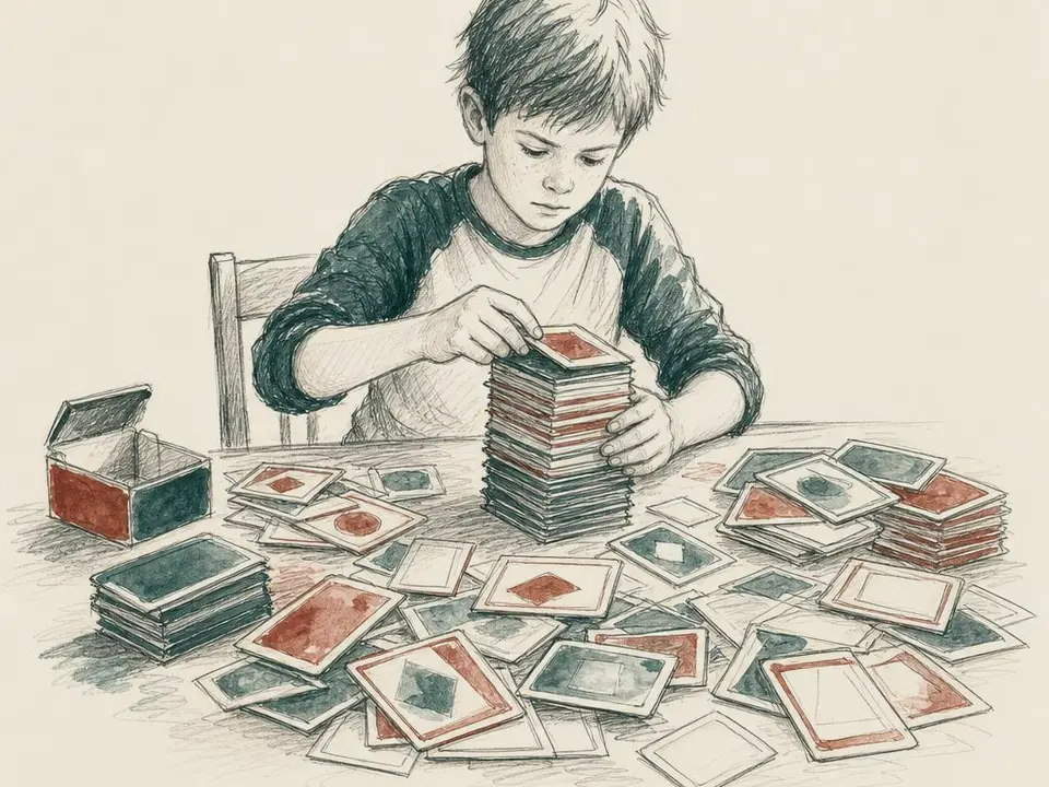 A boy sorts a big pile of trading cards into a thick deck