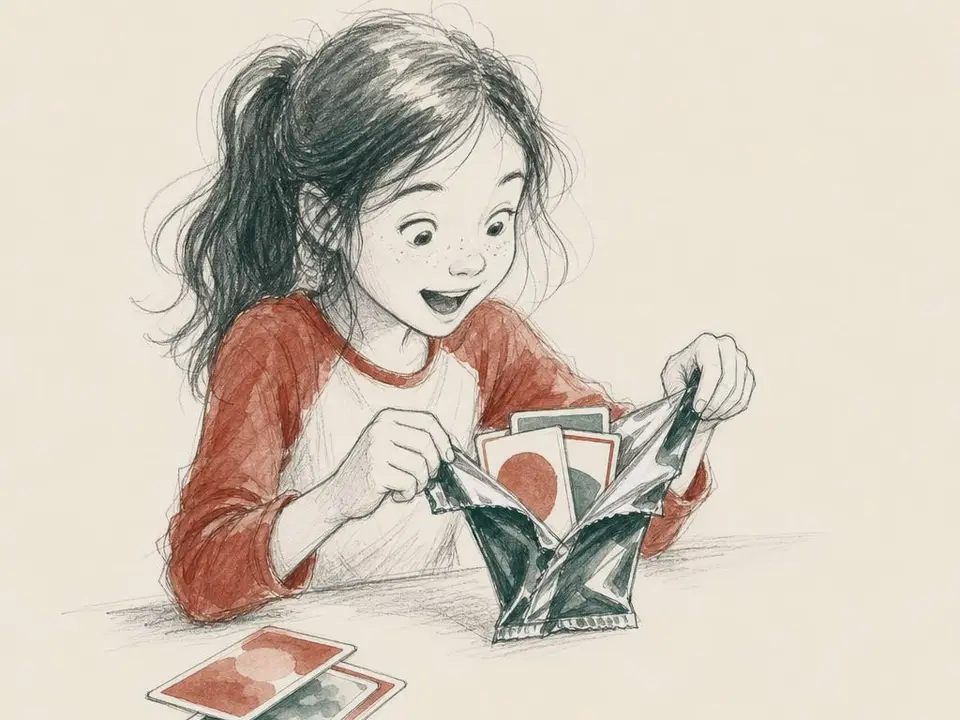 A girl tears open a foil card pack