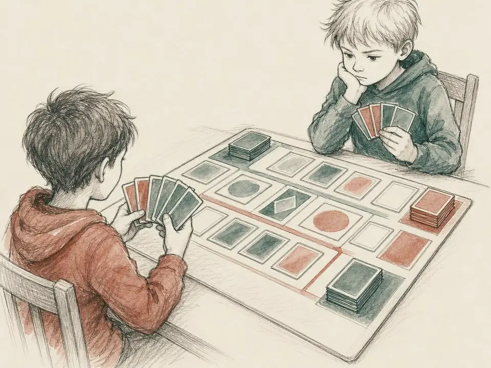 Two kids think hard over many cards laid out on a playmat