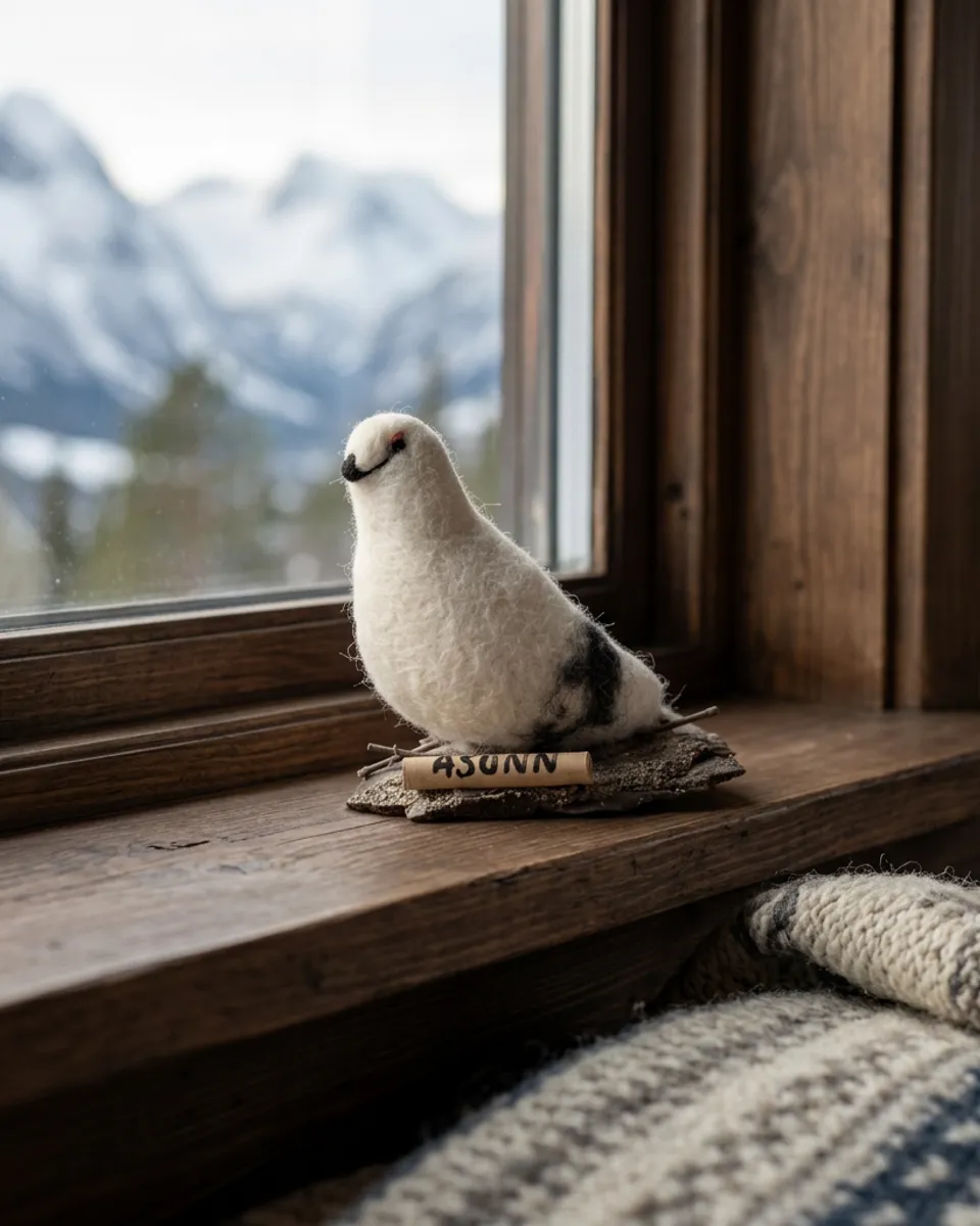 Handmade AWEBO wool ptarmigan named Hansola on a stone base.