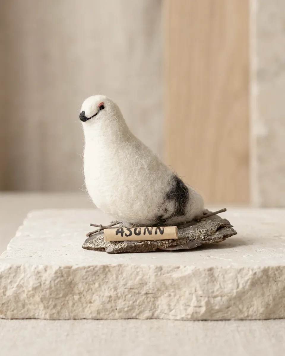 A handmade AWEBO wool bird perched in its new home.