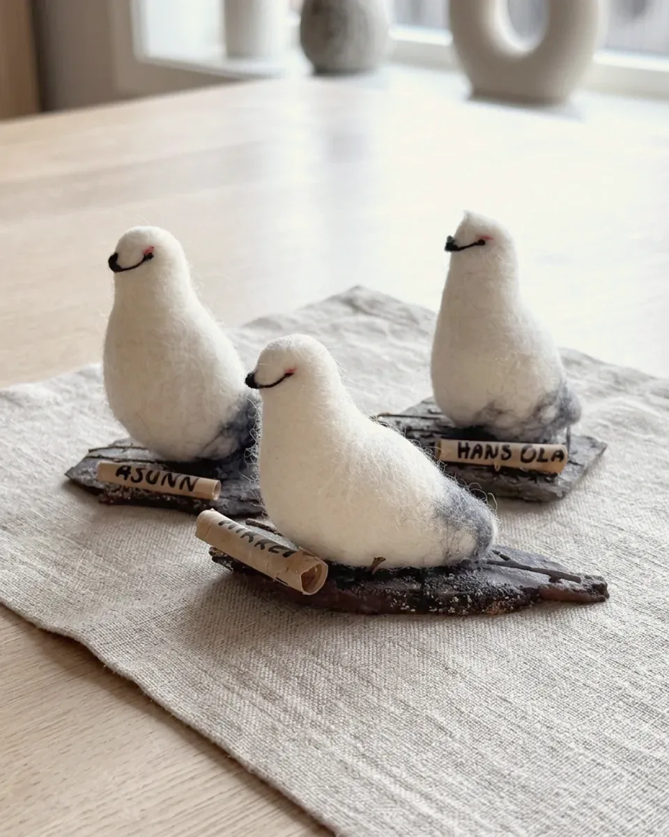Three original handmade wool ptarmigans from the family archive, made in the 1990s.