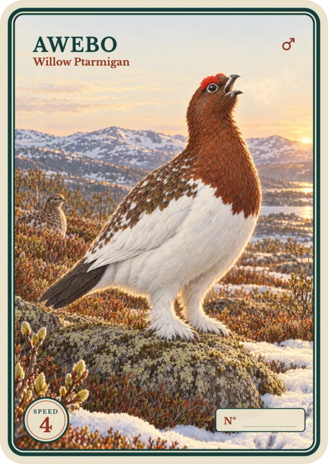 Front of the AWEBO Willow Ptarmigan card