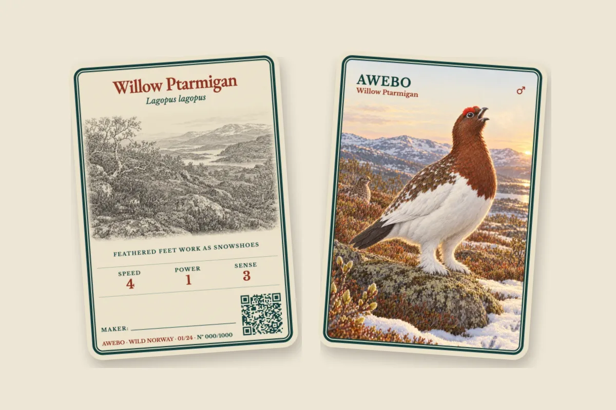 Front and back of the AWEBO Willow Ptarmigan card.