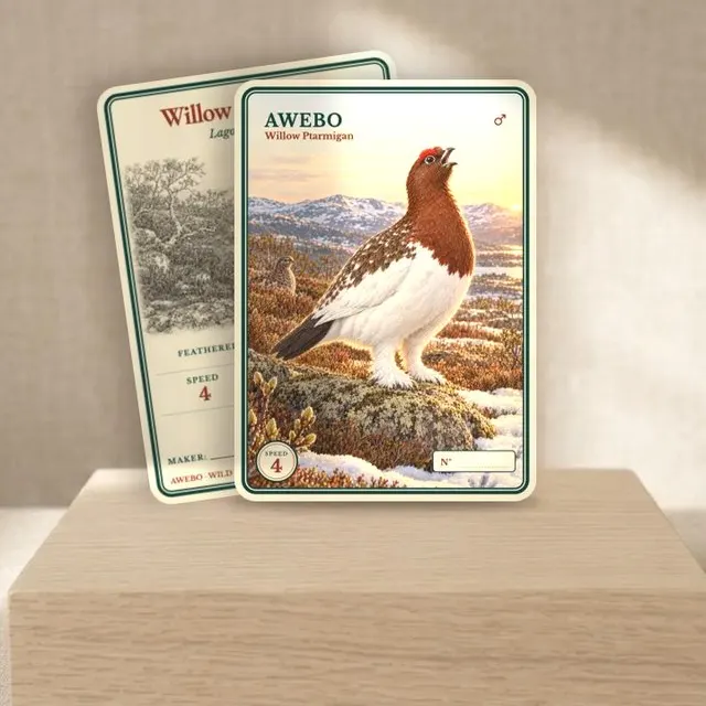 AWEBO Cards: the Willow Ptarmigan card, front and back, on an oak block