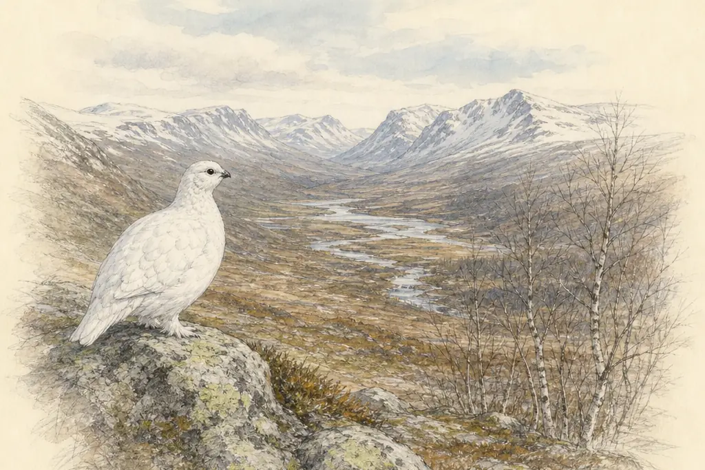 Watercolour of a white ptarmigan on a mossy stone, looking over a wild Norwegian valley.