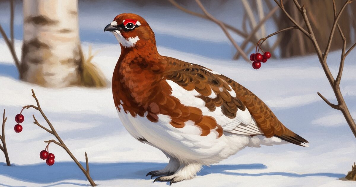 A male willow ptarmigan in spring plumage — the AWEBO bird — on melting snow.